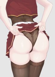 Rule 34 | 1girl, adjusting clothes, adjusting leotard, ass, ass focus, brown leotard, brown thighhighs, commentary request, from behind, grey background, highres, hololive, houshou marine, houshou marine (1st costume), huge ass, leotard, lower body, miniskirt, red skirt, red vest, riu play, simple background, skindentation, skirt, solo, thick thighs, thighhighs, thighs, vest, virtual youtuber