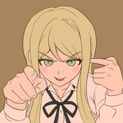 1girl :d black_ribbon blonde_hair brown_background collarbone danganronpa_(series) danganronpa_3_(anime) green_eyes kuzuryu_natsumi long_hair long_sleeves neck_ribbon open_mouth pointing pointing_at_viewer ribbon shirt simple_background smile solo suika_no9 white_shirt