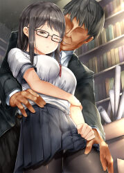 1boy 1girl age_difference black-framed_eyewear black_hair black_jacket black_pantyhose black_skirt breasts brown_hair closed_mouth commentary_request dated glasses hand_on_another&#039;s_hip hand_on_another&#039;s_thigh hetero holding_own_arm indoors jacket large_breasts long_hair no_eyes one_eye_closed original pantyhose pleated_skirt rectangular_eyewear school_uniform serafuku sexual_harassment shirt short_hair signature skirt standing sugiyuu white_shirt white_undershirt wince