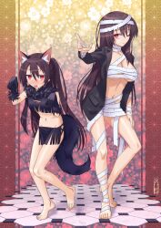2girls ;) animal_ear_fluff animal_ears barefoot black_gloves black_jacket blush brown_hair chest_sarashi closed_mouth commentary_request commission dual_persona full_body gloves hair_between_eyes highres jacket long_hair long_sleeves looking_at_viewer midriff mix_tou multiple_girls navel nose_blush okuribi one_eye_closed open_clothes open_jacket open_mouth rance_(series) red_eyes sarashi skeb_commission smile standing tail wolf_ears wolf_girl wolf_tail