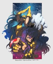 Rule 34 | 2018, 2boys, aiming, aiming at viewer, androgynous, aquarius camus, armor, aurora execution, bishounen, blue eyes, blue hair, cape, character name, clenched hand, cryokinesis, dated, fighting stance, gauntlets, glimt, gold armor, gold cloth, gold saint, kinako (462), long hair, looking at viewer, male focus, multiple boys, nail polish, open mouth, outline, outstretched arm, outstretched hand, pointing, pointing at viewer, powering up, red nails, red outline, saint seiya, scorpio milo, shoulder spikes, snowflakes, spiked pauldrons, spikes, v-shaped eyebrows, very long fingernails, white cape