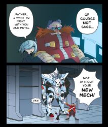1boy 1girl bald black_dress dr._eggman dress english_text facial_hair gloves goggles hair_over_one_eye highres long_sleeves mecha mobile_suit mustache red_hair robot sage_(sonic) short_hair sonic_(series) sonic_frontiers toruyi white_gloves white_hair