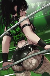1girl absurdres ass bare_shoulders black_choker black_eyes black_hair chain choker commentary english_commentary english_text fishnets highres mika_(veyonis) multicolored_hair original piercing ponytail smile two-tone_hair veyonis wrestling_outfit