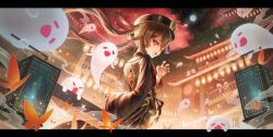 Rule 34 | 1girl, ;p, artist logo, black hat, black nails, blurry, blurry background, boo tao (genshin impact), brown hair, bug, building, butterfly, claw pose, commentary, english commentary, flower-shaped pupils, from behind, full moon, genshin impact, ghost, hat, highres, hu tao (genshin impact), insect, jewelry, lantern, letterboxed, logo, long hair, long sleeves, looking at viewer, looking back, moon, multiple rings, nail polish, night, one eye closed, outside border, paper lantern, red eyes, ring, solo, symbol-shaped pupils, tailcoat, tongue, tongue out, upper body, wide sleeves, yuelycia
