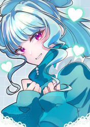 Rule 34 | alternate costume, aqua hair, aqua sweater, blue background, blue scarf, blunt bangs, casual, clenched hands, commentary, cure lillian, cure neko zukin, dot nose, eyelashes, grid background, grin, hair bun, happy, head tilt, heart, highres, lace, leaning forward, light blush, long hair, long sleeves, looking at viewer, nekoyashiki mayu, outline, pink eyes, ponytail, precure, puffy long sleeves, puffy sleeves, scarf, sidelocks, single hair bun, sleeves past wrists, smile, sweater, very long hair, watermark, wavy hair, white outline, wonderful precure!