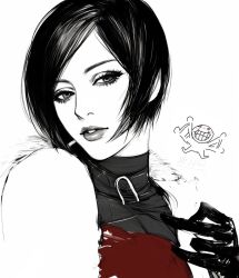 1girl ada_wong asian black_gloves black_hair dress eyelashes gloves greyscale hashtag-only_commentary head_tilt hzosxw lips looking_at_viewer monochrome parted_lips portrait red_dress resident_evil short_hair simple_background solo spot_color swept_bangs turtleneck upper_body white_background