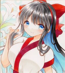 Rule 34 | 1girl, ainu clothes, black hair, blue eyes, breasts, bunching hair, hair ribbon, highres, large breasts, long hair, looking at viewer, nakoruru, ribbon, samurai spirits, smile, snk, solo, the king of fighters, traditional media
