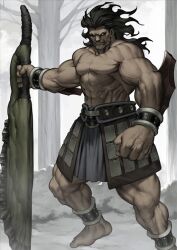 1boy abs anklet armor azusa_(hws) bare_tree barefoot belt black_hair bracer brown_belt clenched_hands closed_mouth colored_skin dark-skinned_male dark_skin fate/grand_order fate_(series) faulds foot_out_of_frame frown grey_skin heracles_(fate) heterochromia holding holding_sword holding_weapon huge_weapon jewelry legs_apart long_hair looking_at_viewer male_focus muscular muscular_male nameless_axe-sword_(fate) no_eyebrows no_nipples official_art outstretched_arm pectorals red_eyes solid_eyes solo standing sword third-party_source topless_male tree variant_set veins weapon yellow_eyes