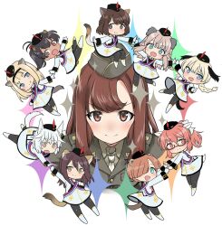 6+girls aila_paivikki_linnamaa animal_ears aohashi_ame bird_ears bird_girl bird_tail black_hair black_thighhighs blonde_hair blue_eyes braid brown_eyes brown_hair cat_ears cat_girl cat_tail chibi dark-skinned_female dark_skin dog_ears dog_girl dog_tail eleonore_giovanna_gassion garrison_cap glasses grace_maitland_steward green_jacket happy hat highres jacket joanna_elizabeth_stafford long_hair looking_at_viewer lyudmila_andreyevna_ruslanova manaia_matawhaura_hato maria_magdalena_dietrich military military_hat military_uniform multiple_girls necktie open_mouth orange_hair sheep_ears sheep_girl shibuya_inori short_hair simple_background smile squirrel_ears squirrel_girl squirrel_tail strike_witches sylvie_cariello tail thighhighs virginia_robertson white_background white_hair wolf_ears wolf_girl wolf_tail world_witches_series