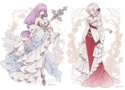 2girls bare_shoulders blue_gemstone bow breasts cleavage commentary commission detached_collar double-parted_bangs dress embroidery floral_background flower frilled_dress frills full_body gem gradient_clothes gradient_dress hair_between_eyes hair_flower hair_ornament high_heels holding holding_staff lemon89h long_hair looking_at_viewer medium_breasts multiple_girls original pink_flower pink_nails pointy_ears purple_flower purple_hair red_gemstone rococo_movement shawl solo staff standing white_bow white_dress white_hair white_shawl