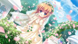 1girl ahoge arch bare_shoulders blue_eyes blue_sky blush breasts bridal_veil bride building cherry_blossoms cleavage cloud collarbone day dot_nose dress dutch_angle film_grain floral_arch floral_print flower flower_wreath game_cg hand_up izumi_tsubasu jewelry lens_flare looking_at_viewer medium_breasts necklace non-web_source off-shoulder_dress off_shoulder official_art open_mouth orange_hair outdoors pagoda pearl_necklace petals pink_flower pink_rose re:stage! rose see-through_clothes see-through_veil shikimiya_mana short_hair sidelocks skirt_hold sky smile solo sparkle tree veil wedding wedding_dress window yellow_dress