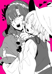 2girls absurdres anger_vein autumn_leaves bags_under_eyes bow curly_hair drooling extra_eyes fang fangs finger_to_cheek frilled_shirt_collar frilled_sleeves frills frog_girl hair_bow hair_ornament hat heart highres horizontal_pupils juliet_sleeves layered_clothes layered_shirt layered_sleeves leaf leaf_hair_ornament leaf_on_head limited_palette long_sleeves looking_at_another medium_hair melting moriya_suwako mouth_drool multiple_girls parted_bangs pink_background puffy_long_sleeves puffy_sleeves rope rope_necklace saliva shimenawa shirt sidelocks simple_background skirt slit_pupils sweat sweatdrop teeth touhou turtleneck upper_teeth_only vest whoru wide_sleeves wristband yasaka_kanako yuri