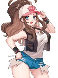 1girl baseball_cap black_vest blue_eyes blush breasts brown_hair cutoffs denim denim_shorts exposed_pocket hat high_ponytail highres hilda_(pokemon) long_hair looking_at_viewer nintendo open_clothes open_mouth open_vest poke_ball_print pokemon pokemon_bw ponytail shirt short_shorts shorts sidelocks smile solo vest white_shirt wristband zqzbq