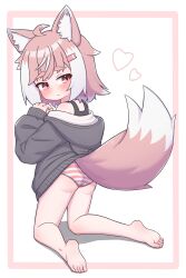 1girl animal_ear_fluff animal_ears barefoot black_hoodie blush border from_behind full_body highres hood hood_down hoodie kneeling long_sleeves looking_back multicolored_hair no_pants original outside_border panties pink_border pink_eyes pink_hair roshi_to short_hair striped_clothes striped_panties tail thick_eyebrows two-tone_hair underwear white_hair wolf_ears wolf_girl wolf_tail
