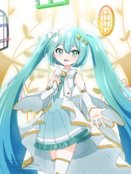 1girl aqua_dress aqua_eyes aqua_hair aqua_necktie blush bow detached_sleeves dress hair_between_eyes hair_bow hair_ornament hatsune_miku highres hiramado_miku kowareta_sekai_to_utaenai_miku long_hair long_sleeves looking_at_viewer miku_day necktie open_mouth project_sekai saki_pokeoekaki sleeveless sleeveless_dress smile solo thighhighs twintails very_long_hair vocaloid white_bow white_thighhighs x_hair_ornament