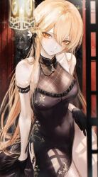 1girl absurdres arm_support armband bare_shoulders black_dress black_gloves blonde_hair china_dress chinese_clothes closed_mouth commentary covered_navel dress floral_print_dress girls&#039;_frontline girls&#039;_frontline_2:_exilium gloves groza_(girls&#039;_frontline_2) hair_between_eyes highres light_particles long_hair looking_at_viewer official_alternate_costume ots-14_(girls&#039;_frontline) ots-14_(sangria_succulent)_(girls&#039;_frontline) pelvic_curtain print_dress renoahh sitting sleeveless sleeveless_dress solo thighs yellow_eyes