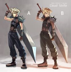 1boy armor baggy_pants bandaged_arm bandages belt black_footwear black_pants blonde_hair blue_eyes blue_pants brown_belt brown_gloves buster_sword character_name clenched_hand cloud_strife decoponmagi dissidia_final_fantasy earrings final_fantasy final_fantasy_vii final_fantasy_vii_remake fingerless_gloves full_body gloves grey_background holding holding_sword holding_weapon jewelry multiple_belts multiple_views pants short_hair shoulder_armor single_bare_shoulder single_earring single_shoulder_pad sleeveless sleeveless_turtleneck spiked_hair standing sword turtleneck weapon weapon_on_back