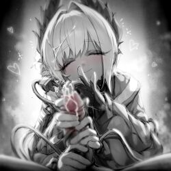 1boy 1girl arknights bird_girl blur_censor blush cable cable_tail censored chinese_commentary closed_eyes closed_mouth commentary_request cum cum_on_hair electric_plug electric_plug_tail extra_arms feathers flower gloves greyscale hair_flower hair_ornament handjob head_wings heart hetero highres kupa_(jesterwii) large_variant_set mechanical_tail monochrome paid_reward_available penis pov pov_crotch raidian_(arknights) short_hair smile solo_focus spot_color tail tail_wrap variant_set wings