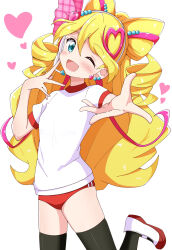 1girl ;d aikawa_ryou black_thighhighs blonde_hair blue_eyes blush bow-shaped_hair buruma cure_idol gym_shirt gym_uniform hand_up headphones headset heart highres kimi_to_idol_precure long_hair looking_at_viewer one_eye_closed open_mouth ponytail precure puffy_short_sleeves puffy_sleeves red_buruma ringlets sakura_uta_(precure) shirt shoes short_sleeves simple_background smile solo standing standing_on_one_leg thighhighs very_long_hair white_background white_shirt white_shoes