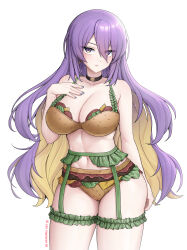 Rule 34 | 1girl, absurdres, akaharuu, black choker, blonde hair, blue nails, breasts, choker, cleavage, collarbone, colored inner hair, earrings, food-themed clothes, green garter belt, highres, hololive, hololive indonesia, jewelry, large breasts, linea alba, long hair, moona hoshinova, multicolored hair, navel, purple eyes, purple hair, solo, twitter username, virtual youtuber, white background