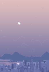 cloud commentary english_commentary full_moon gradient_sky jubilee_(8pxl) moon mountain no_humans ocean orange_sky original outdoors pixel_art purple_sky reflection reflective_water scenery sky skyline star_(sky) starry_sky twilight