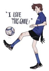Rule 34 | 1boy, absurdres, ball, black shoes, black shorts, blue eyes, blue shirt, blue socks, brown hair, chinese commentary, commentary request, dirty, doctor who, eleventh doctor (doctor who), english text, from side, full body, highres, juanmao, male focus, profile, shirt, shoes, short hair, shorts, simple background, smile, soccer, soccer ball, soccer uniform, socks, solo, sportswear, teeth, the doctor (doctor who), watch, white background, wristwatch