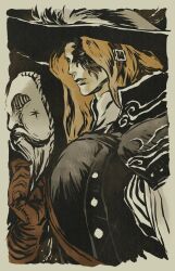 1girl absurdres blonde_hair brown_gloves buttons closed_mouth curtained_hair dark_souls_(series) dark_souls_ii double-breasted from_side gloves hat highres holding holding_mask looking_to_the_side lucatiel_of_mirrah mask messer33 ornate_clothes plume solo upper_body