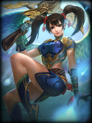 Rule 34 | 1girl, artist request, bow (weapon), brown eyes, brown hair, chinese clothes, closed mouth, crossbow, feathered wings, flying, gloves, jing wei (smite), smite, weapon, wings