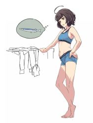 1girl ahoge barefoot blue_bra blue_panties blue_shorts blunt_bangs boyshort_panties bra brown_hair commentary_request female_focus fish full_body hand_on_own_hip kantai_collection kishinami_(kancolle) panties saury short_hair short_shorts shorts simple_background solo speech_bubble sports_bra standing thought_bubble underwear underwear_only uno_ichi unworn_clothes wavy_hair white_background