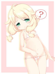 1girl ? armpit_crease belly bikini blonde_hair cocozasa idolmaster idolmaster_cinderella_girls loli micro_bikini navel side-tie_bikini_bottom solo spoken_question_mark stomach swimsuit white_bikini yusa_kozue