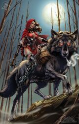 Rule 34 | 1girl, bare tree, black boots, black gloves, boots, bow (weapon), breasts, cape, cardigan, cleavage, crossbow, full moon, gloves, high heel boots, high heels, highres, holding, holding crossbow, holding weapon, hood, hooded cardigan, j. scott campbell, little red riding hood (fairy tale), little red riding hood (fairy tale character), looking at viewer, medium breasts, moon, night, outdoors, red cape, red hood, signature, solo, thigh boots, tree, weapon, wolf
