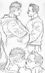 Rule 34 | 2boys, absurdres, bara, billy russell (dickfish), collage, couple, dickfish (fishismdick), facial hair, from side, glasses, highres, john rottweil (dickfish), kiss, male focus, multiple boys, muscular, muscular male, mustache, original, pectorals, profile, raised eyebrows, scan, shirt, short hair, sideburns, sketch, surprise kiss, surprised, thick eyebrows, traditional media, wide-eyed, yaoi