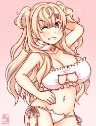 1girl alternate_costume artist_logo blonde_hair bra breasts cat_cutout cat_ear_panties cat_lingerie clothing_cutout cowboy_shot dated gradient_background grey_eyes hair_ornament hairclip implied_tail_plug kanon_(kurogane_knights) kantai_collection large_breasts logo long_hair looking_at_viewer meme_attire minneapolis_(kancolle) one-hour_drawing_challenge panties pink_background smile solo two_side_up underwear upper_body wavy_hair white_bra white_panties