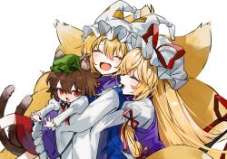 3girls :d ^_^ animal_ear_fluff animal_ears animal_hat blonde_hair blue_tabard blush brown_hair cat_ears cat_girl cat_tail chen closed_eyes dress fang fox_tail gotou_(nekocat) green_hat hair_between_eyes hair_ribbon hat hat_ribbon highres hug juliet_sleeves kitsune kyuubi long_hair long_sleeves mob_cap multiple_girls multiple_tails neck_ribbon open_mouth puffy_sleeves purple_tabard red_eyes red_ribbon red_skirt ribbon short_hair simple_background skin_fang skirt smile tabard tail third-party_source touhou two_tails very_long_hair white_background white_dress white_hat wide_sleeves yakumo_ran yakumo_yukari
