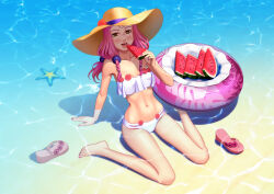 1girl absurdres alternate_costume arm_support bare_legs barefoot beach bikini blush braid breasts collarbone commentary day eating flower food fruit hair_bobbles hair_ornament hat hat_flower highres hirose_yasuho holding holding_food holding_fruit innertube jojo_no_kimyou_na_bouken jojolion leaning_back legendarysoulii long_hair looking_at_viewer nail_polish navel open_mouth orange_eyes outdoors partially_submerged pink_hair pink_nails romaji_commentary ruffle_bikini sandals sitting smile solo starfish stomach strapless strapless_bikini summer sun_hat swim_ring swimsuit toenail_polish toenails unworn_sandals wariza water watermelon white_bikini