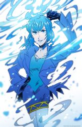 Rule 34 | 1girl, airagency1005, ancient greek clothes, animification, blue fire, blue hair, blue lips, closed mouth, disney, fiery hair, fire, formal clothes, gloves, greco-roman clothes, highres, lipstick, long sleeves, looking at viewer, makeup, ms. hades, short hair, solo, suit