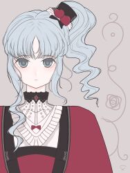Rule 34 | 1girl, alternate costume, blue eyes, bow, bowtie, flower, grey hair, hat, heart, heart print, highres, jmdw2752, looking at viewer, mini hat, mystic square, one side up, red bow, red bowtie, red shirt, rose, shinki (touhou), shirt, solo, touhou, touhou (pc-98), turtleneck, white background, white hair