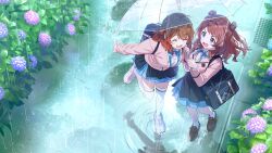 2girls bag blue_eyes brown_hair buttons cardigan closed_eyes collared_shirt flower gakuen_idolmaster game_cg hanami_saki hanami_ume holding idolmaster jacket layered_skirt leaf loafers multicolored_hair multiple_girls neck_ribbon official_art open_mouth rain red_hair ribbon ripples school_bag school_uniform shirt shoes skirt thighhighs umbrella white_shirt white_thighhighs