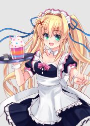 1girl :d alternate_costume apron back_bow black_dress blonde_hair blue_ribbon blush bow breasts collarbone commentary_request cowboy_shot detached_collar dress dress_bow enmaided eyes_visible_through_hair floating_hair food frilled_apron frilled_dress frills green_eyes grey_background hair_between_eyes hair_intakes hair_ornament hair_ribbon hand_up happy highres holding holding_tray ice_cream long_hair looking_at_viewer maid maid_apron maid_headdress minatoto open_mouth outstretched_arm pink_bow puffy_short_sleeves puffy_sleeves ribbon short_sleeves sidelocks simple_background sleeve_bow small_breasts smile solo summer_pockets tray tsumugi_wenders twintails v very_long_hair white_apron white_bow white_wrist_cuffs wrist_cuffs x_hair_ornament