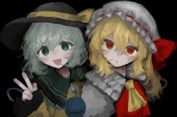 2girls :d ascot black_background black_hat blonde_hair bow collared_shirt eyeball flandre_scarlet frilled_shirt_collar frilled_sleeves frills green_eyes green_hair hair_between_eyes hat hat_bow hat_ribbon komeiji_koishi long_hair long_sleeves looking_at_viewer medium_hair mob_cap multiple_girls natucurage open_mouth red_eyes red_ribbon red_vest ribbon shirt simple_background smile third_eye touhou upper_body vest w white_hat white_shirt yellow_ascot yellow_bow yellow_shirt