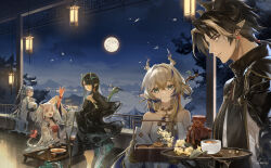 1boy 4girls :d arknights bare_shoulders black_hair blonde_hair blue_hair bowl breasts brother_and_sister chinese_commentary chongyue_(arknights) cleavage closed_eyes closed_mouth commentary_request dinner dragon_girl dragon_horns dragon_tail dusk_(arknights) earrings flower food full_moon green_eyes grey_hair hair_over_one_eye highres holding holding_paintbrush holding_tray horns jewelry lantern ling_(arknights) long_hair looking_at_viewer medium_hair moon multicolored_hair multiple_girls navel necklace nian_(arknights) night off_shoulder one_eye_covered open_mouth orange_eyes outstretched_arm paintbrush plate pointy_ears profile red_hair saki_(nighters) seigaiha shu_(arknights) siblings sisters sitting smile standing strapless streaked_hair table tail tassel tray tube_top waving_arm white_hair white_tube_top wooden_table yellow_flower