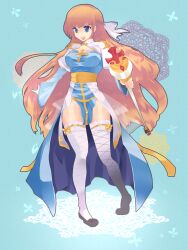 1girl arch_bishop_(ragnarok_online) blue_background blue_dress blue_eyes bow braid breasts brown_hair cleavage_cutout clothing_cutout commentary_request crosier cross draw2_(milkcrown) dress fishnet_thighhighs fishnets frilled_thighhighs frills full_body hair_bow half_up_braid highres holding holding_staff juliet_sleeves large_breasts long_hair long_sleeves open_mouth puffy_sleeves ragnarok_online sash solo staff standing thighhighs two-tone_dress very_long_hair white_bow white_dress white_thighhighs yellow_sash