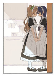 2girls apron black_dress black_shoes blue_hair blush brown_hair closed_mouth commentary_request dress eye_contact forehead-to-forehead heads_together highres holding_hands indoors kitchen long_hair looking_at_another love_live! love_live!_school_idol_project maid maid_apron maid_headdress mary_janes minami_kotori minamip multiple_girls open_mouth shade shoes short_sleeves smile socks sonoda_umi white_apron white_socks yuri