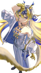 1girl absurdres arknights arm_up bare_shoulders belt blonde_hair blue_eyes blue_hair breasts closed_mouth colored_extremities commentary dragon_girl dragon_horns dragon_tail full_body grey_belt grey_jacket grey_tube_top hair_between_eyes highres horns jacket long_hair looking_at_viewer medium_breasts multicolored_hair off_shoulder pointy_ears red_pupils shu_(arknights) simple_background smile solo standing strapless sweatdrop tail takiren tube_top white_background white_hair