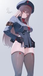 1girl black_gloves black_jacket breasts brown_hair collared_leotard cowboy_shot dated gloves goddess_of_victory:_nikke hat highres jacket long_hair looking_at_viewer medium_breasts military_uniform necktie rapi_(nikke) red_eyes red_necktie revision signature skindentation solo thighhighs thighs vii22581034