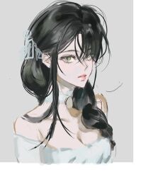 1girl 404es black_hair braid breasts check_copyright choker cleavage copyright_request cropped_shoulders expressionless eyelashes green_eyes grey_background hair_over_shoulder highres lips long_hair looking_at_viewer medium_breasts off-shoulder_shirt off_shoulder original parted_lips shirt simple_background single_braid single_sidelock sketch solo three_quarter_view white_choker white_shirt