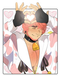 1boy animal_ears animal_print arms_up bara beard bell belt_collar blush chest_hair collar cow_boy cow_ears cow_horns cow_print cowbell facial_hair fingerless_gloves gloves hair_over_one_eye hay heart heart_background heart_hands hood hood_down hooded_jacket horns jacket male_focus mature_male moosopp mouth_hold muscular muscular_male neck_bell original partially_unzipped pectoral_cleavage pectorals pink_hair print_jacket sal_(moosopp) short_hair solo tail thick_eyebrows upper_body