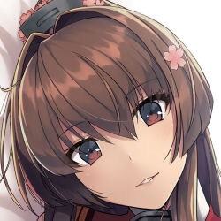 Rule 34 | 1girl, brown eyes, brown hair, cherry blossoms, close-up, commentary request, flower, hair between eyes, hair flower, hair intakes, hair ornament, headgear, kantai collection, kochipu, long hair, looking at viewer, open mouth, parted lips, ponytail, sakuramon, smile, solo, very long hair, yamato (kancolle), yamato kai ni (kancolle)
