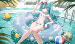 Rule 34 | 1girl, adjusting eyewear, aqua eyes, aqua hair, arm up, ball, beachball, bikini, blush, breasts, closed mouth, collarbone, commentary request, cup, drinking glass, feet out of frame, floating, hair between eyes, hatsune miku, heart, heart-shaped eyewear, linea alba, long bangs, long hair, looking at viewer, n 77z, navel, on innertube, one eye closed, pink-tinted eyewear, pool, rubber duck, side-tie bikini bottom, small breasts, smile, solo, sparkle, stomach, string bikini, striped bikini, striped clothes, swimsuit, tinted eyewear, twintails, vocaloid, water, wine glass