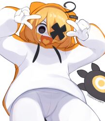 Rule 34 | 1girl, :d, artist name, black eyes, blonde hair, borrowed design, commentary, double v, drawstring, english commentary, grem (gigi murin), hair over one eye, heart, heart in mouth, highres, hololive, hololive english, hood, hood up, hoodie, jacket, long sleeves, looking at viewer, open mouth, pants, personification, puffy long sleeves, puffy sleeves, simple background, smile, solo, tail, v, virtual youtuber, white background, white hoodie, white jacket, white pants, yoako